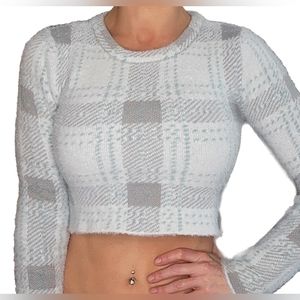 Blue and Gray Plaid Long Sleeve Fuzzy Sweater Crop Top Size Medium